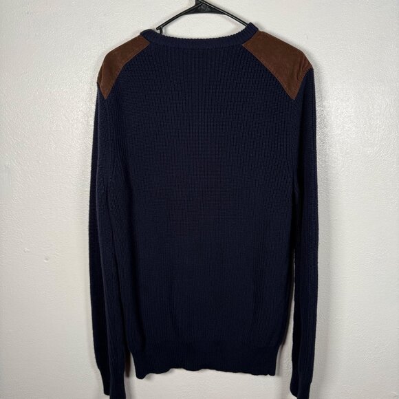J.Crew Sweater Men's Large Suede Shoulder Patch Blue Woodsman Military Knit - Picture 2 of 12